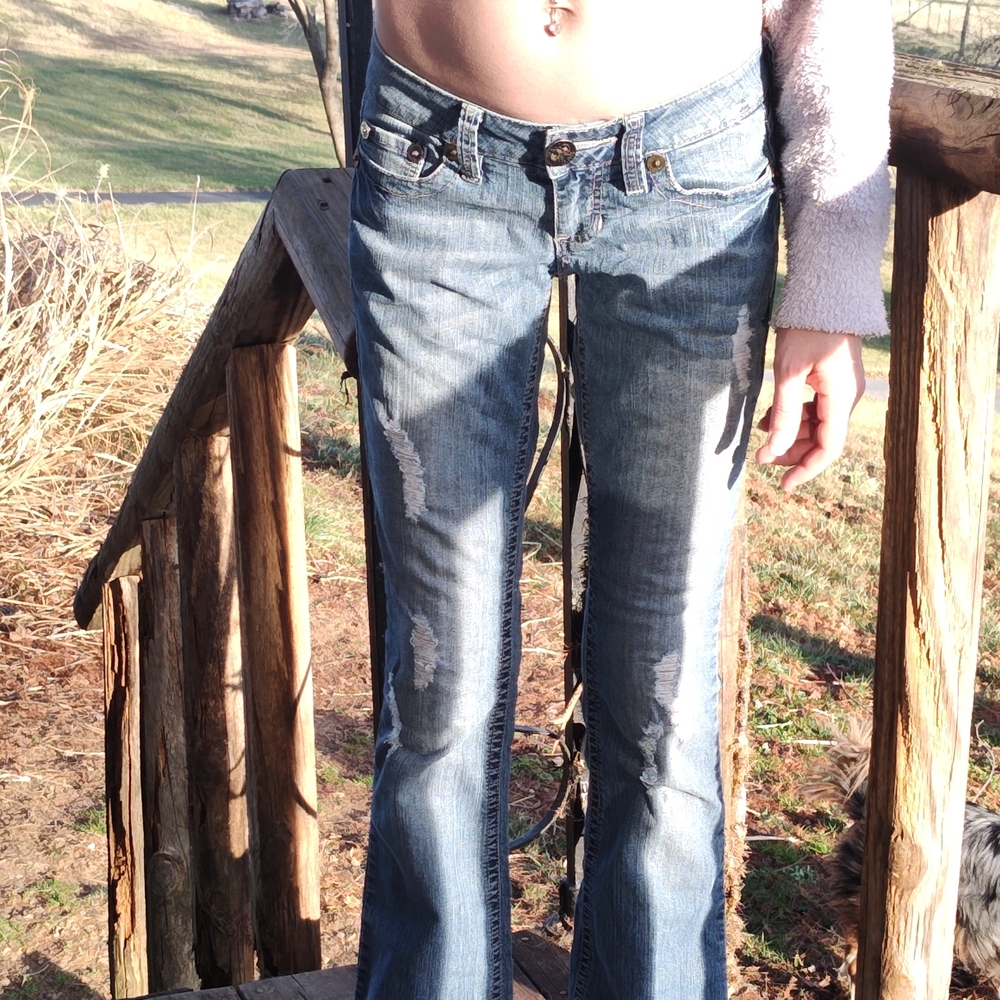 YMI Distressed Blue Flare Ultra Low Rise Waist Y2k Jeans